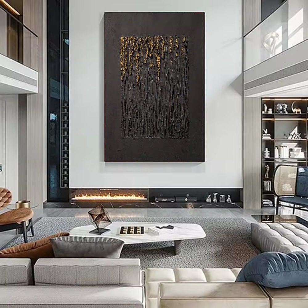 Large Black Abstract Handmade Painting Gold Textured Wall Art Minimalist Wabi - sabi Modern Home Living Room Decor - SUPERNEOVONAMy Store 4