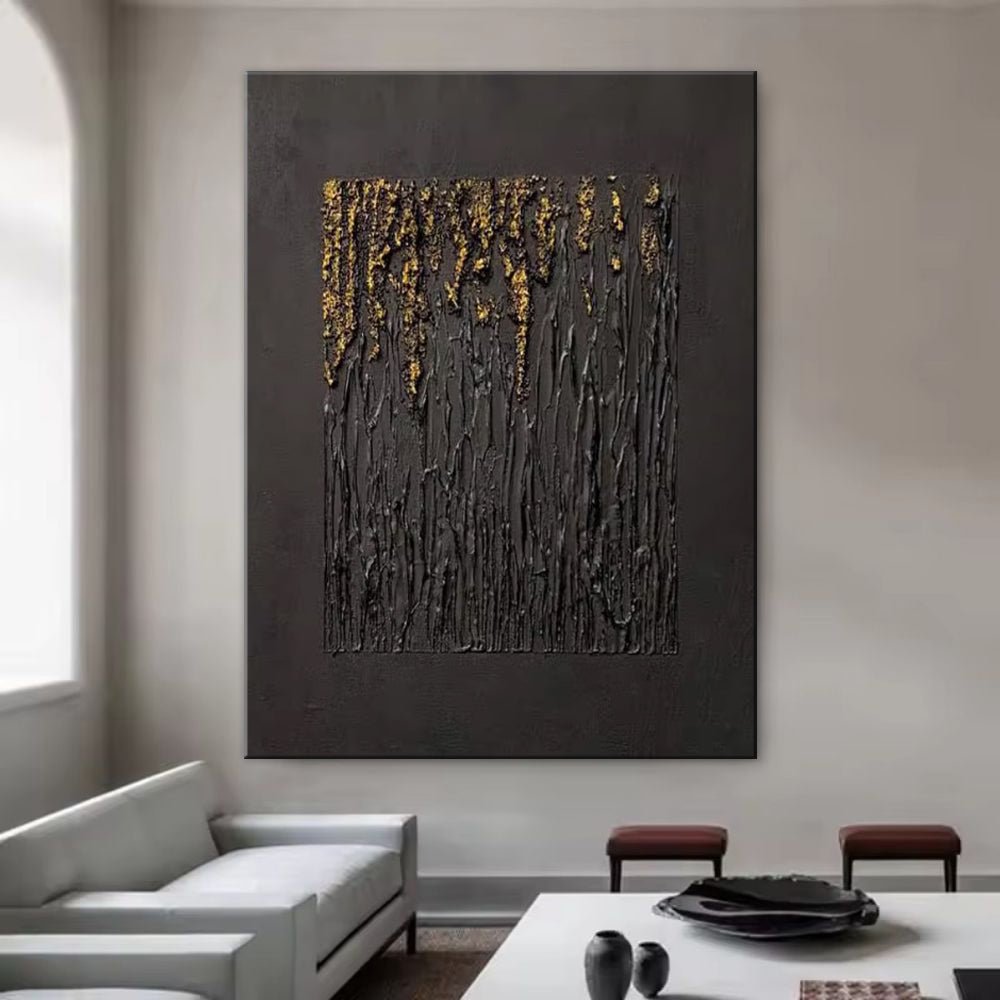 Large Black Abstract Handmade Painting Gold Textured Wall Art Minimalist Wabi - sabi Modern Home Living Room Decor - SUPERNEOVONAMy Store 4